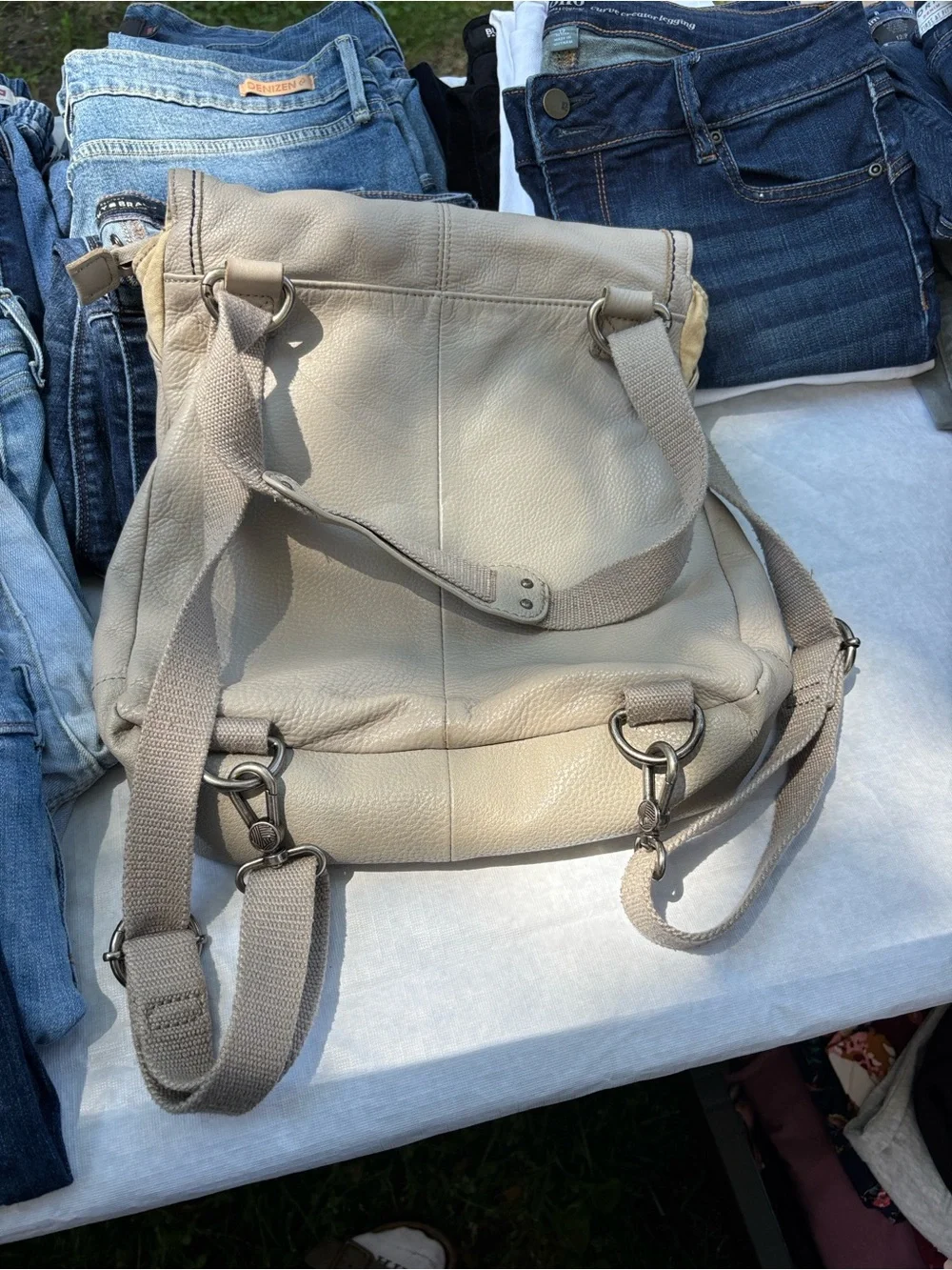 The Sak Light Gray Leather Crossbody Bag with Colorful Printed Lining